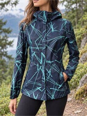 Merrell Womens XS Lightweight Hooded Navy Abstract Print Rain Jacket Windbreaker